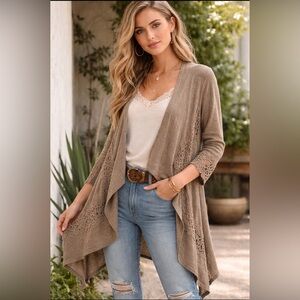 Indigo Soul Taupe Crochet Lace Open-Front Cardigan ~ Boho High-Low ~ Size L